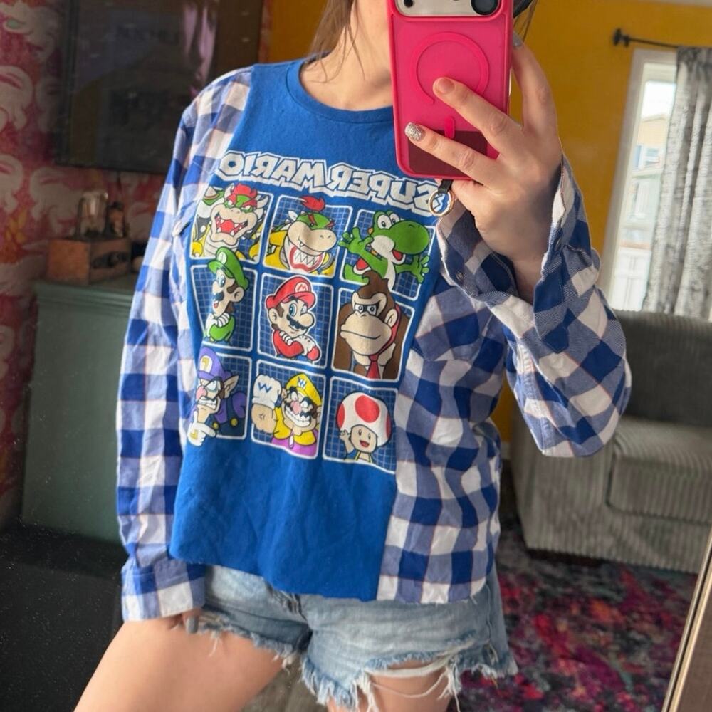 Super mario upcycled custom flannel shirt / tshirt combination graphic tee